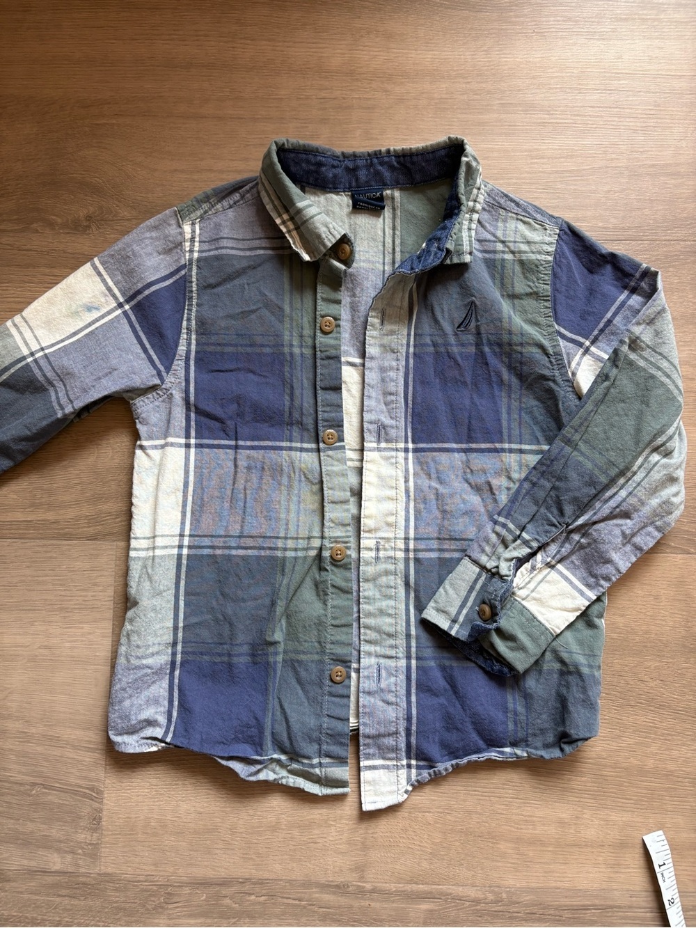 Nautica Blue and Green Plaid Cotton Button Down shirt for kids- size 5